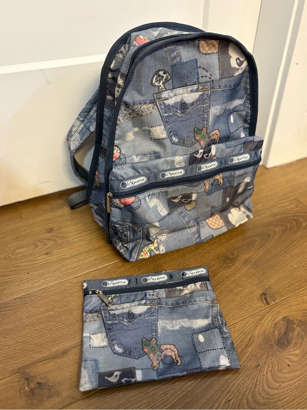 LeSportsac Denim Patch Print Backpack in Blue with Cosmetic Pouch Bag Like New